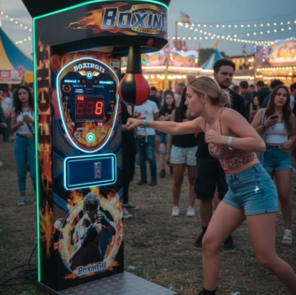 Mujer golpeando una máquina de boxeo recreativa en un evento o festival al aire libre.