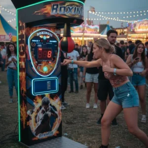 Mujer golpeando una máquina de boxeo recreativa en un evento o festival al aire libre.