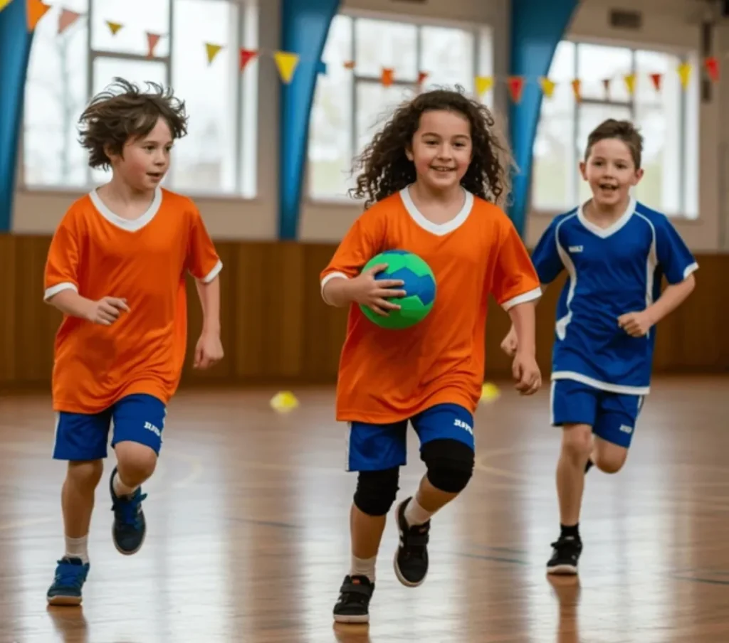 Dos niños pequeños, uno con camiseta naranja y otro con camiseta azul, corriendo y sonriendo en una cancha de balonmano, cada uno sosteniendo una pelota de colores.