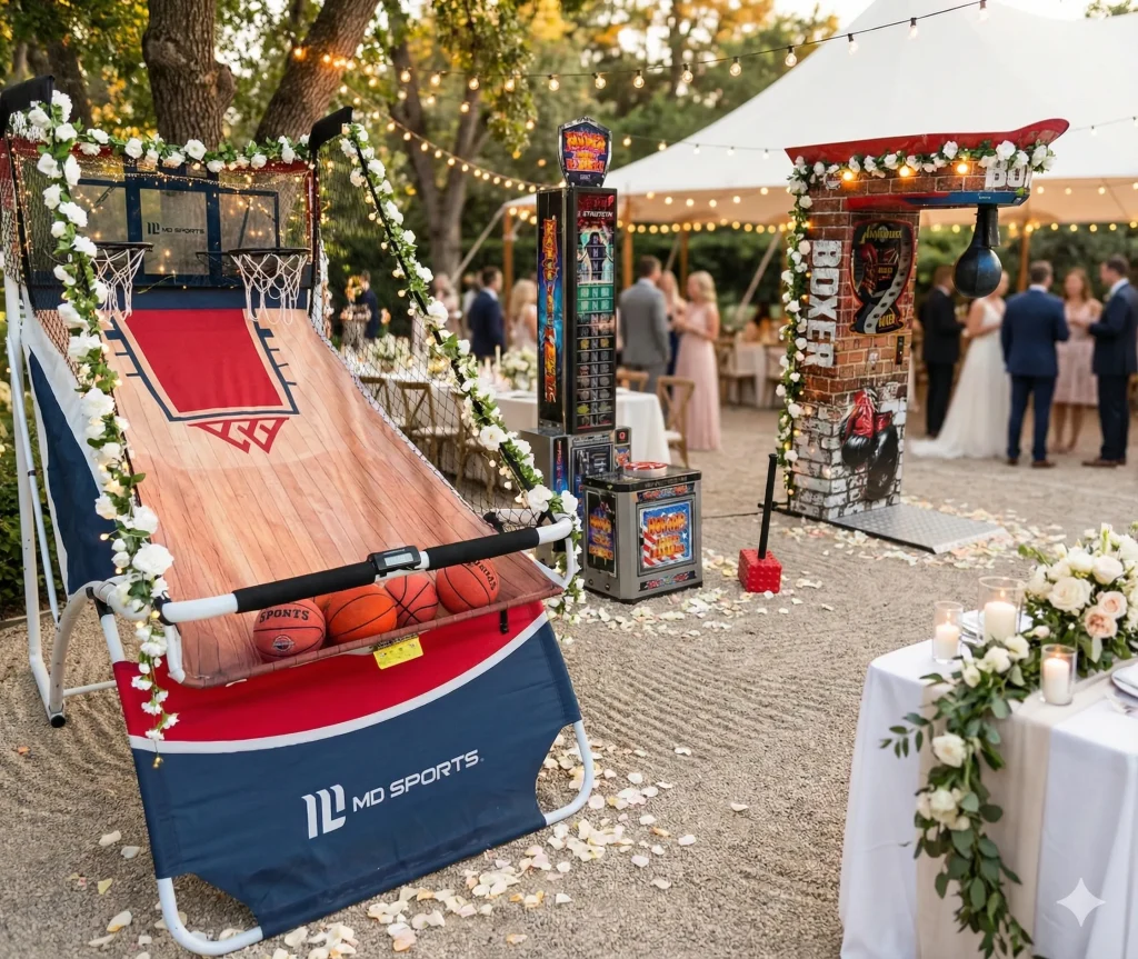 Estación de baloncesto arcade portátil instalada en una celebración de boda al aire libre, decorada con flores blancas.