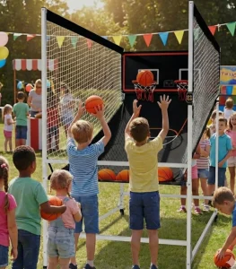 Dos niños compitiendo en una máquina de baloncesto arcade de doble canasta durante una fiesta infantil en un jardín.